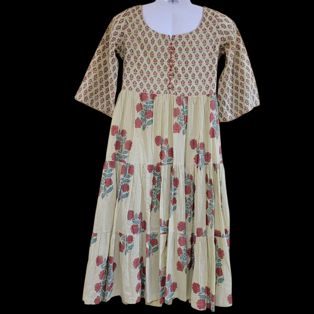 Women's Dress Long Cotton Ethnic Motifs Printed Layered Long Dress Green XS